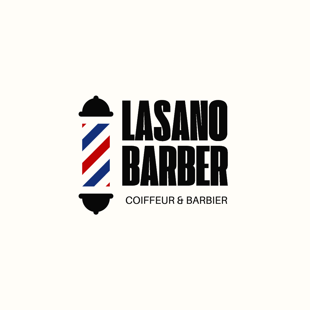 Logo Lasano Barber, poteau de barbier rouge et bleu avec typographie noire